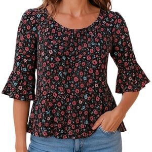 MACY'S STYLE & CO. Blouse Peasant style Floral Half sleeve Ruffles Pullover
